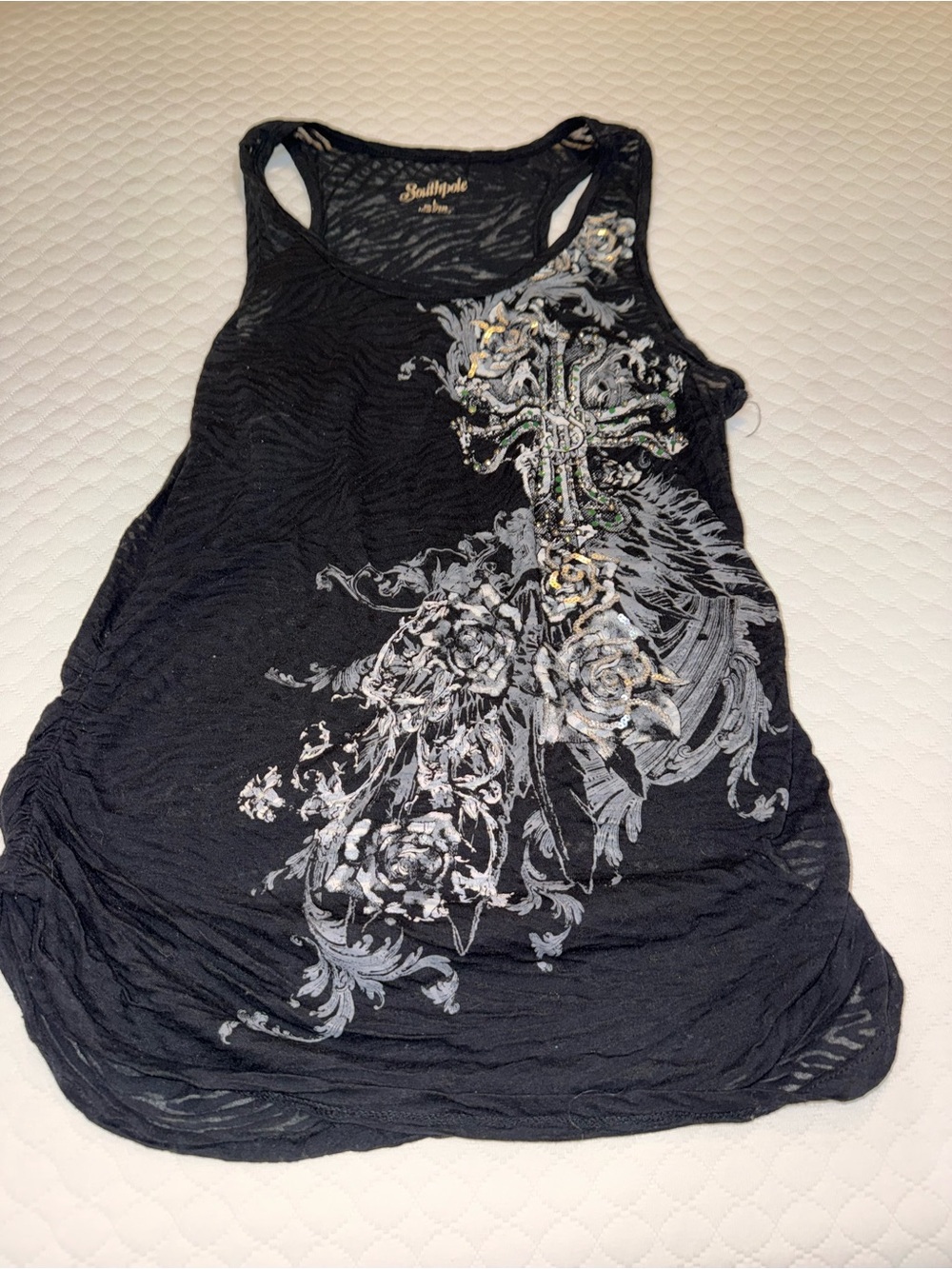 South Pole Black Racerback Tank with Cross & Floral Embellishment